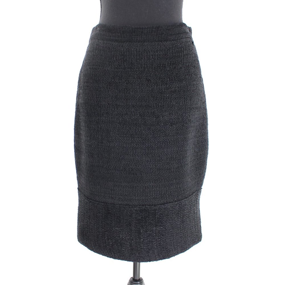 CHANEL Black Silk Cashmere Pencil Skirt 40 Woven Knit Straight Logo Medium NEW